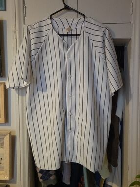 White Button-Up Baseball Jersey with Black Pinstripes